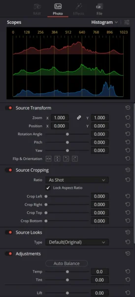 DaVinci Resolve v21 (beta) Photo-sivu ja säätimiä